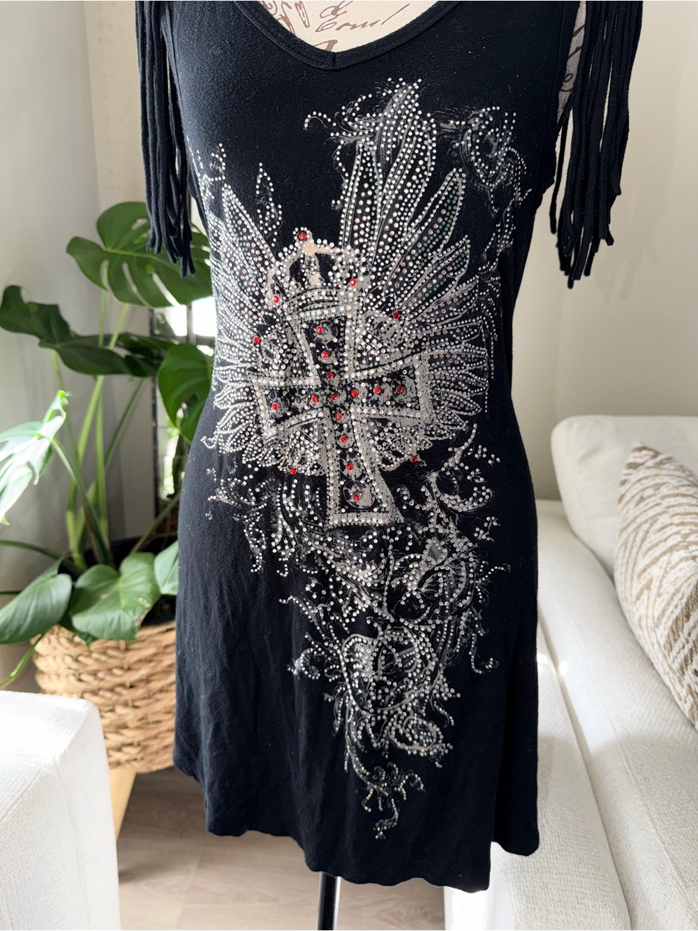 Black Studded Cross & Wing Sleeveless Tunic Dress
